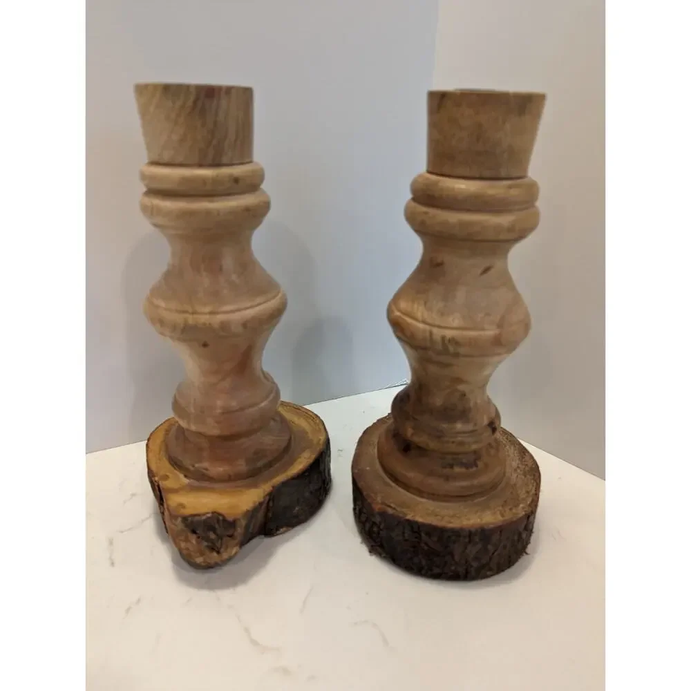 Candlesticks Natural Wooden Carved Boho Mid Century Modern Decor